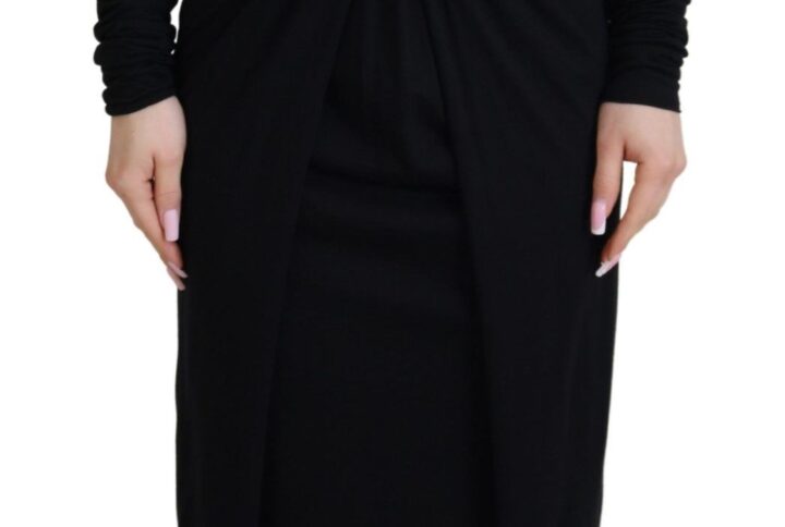 Black Sheath Midi Gown Wool Wrap Dress - Jag Couture London