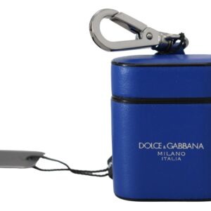 Blue Leather Silver Metal Logo Airpods Case - Jag Couture London