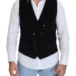 Black Cotton Double Breasted Waistcoat Vest - Jag Couture London