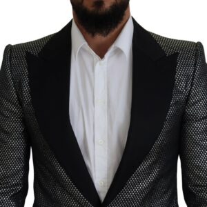 Dark Gray Silver Jacquard Slim Fit Jacket Blazer - Jag Couture London