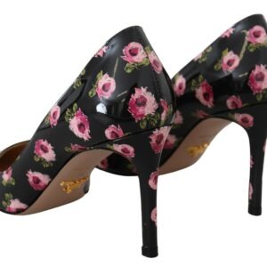 Black Leather Floral Heels Stilettos Pumps - Jag Couture London