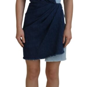 Two Tone Blue Patchwork Denim Mini Dress - Jag Couture London