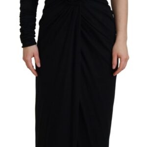 Black Wrap Sheath One Shoulder Wool Dress - Jag Couture London