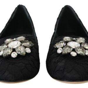 Black Taormina Lace Crystals Flats Shoes - Jag Couture London