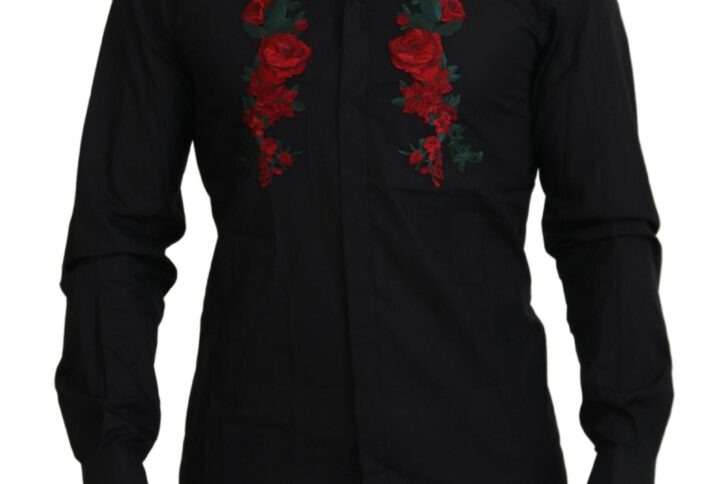 Black Floral Embroidery Men Long Sleeves GOLD Shirt - Jag Couture London