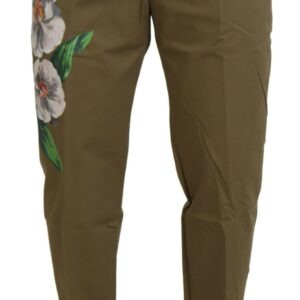 Beige Cotton Stretch Floral Chinos Pants - Jag Couture London