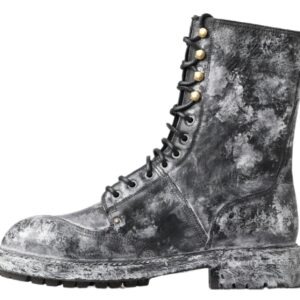 Black Gray Leather Mid Calf Boots Shoes - Jag Couture London