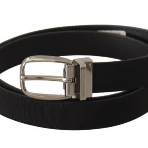 Black Calf Canvas Silver Tone Logo Metal Belt - Jag Couture London