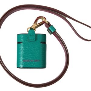 Green Maroon Calf Leather Logo Print Strap Airpods Case - Jag Couture London