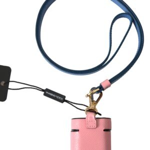 Pink Blue Calf Leather Logo Print Strap Airpods Case - Jag Couture London