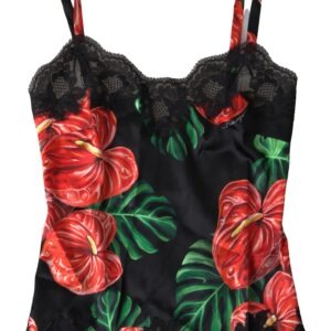 Black Anthurium Print Silk Camisole Top Underwear - Jag Couture London