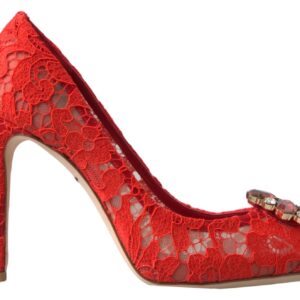 Red Taormina Lace Crystal Heels Pumps Shoes - Jag Couture London