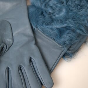 Blue Leather Fur Mid Arm Length Gloves - Jag Couture London