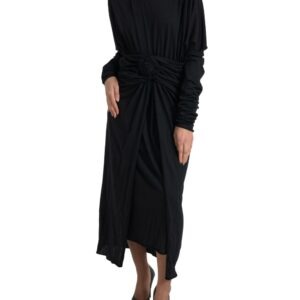 Black Wool Wrap Sheath Midi Gown Dress - Jag Couture London