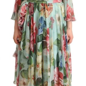 Multicolor Green Floral Silk Wrap Midi Dress - Jag Couture London