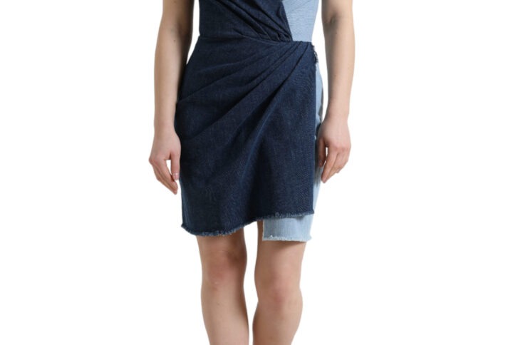Blue Patchwork Two Tone Denim Mini Dress - Jag Couture London