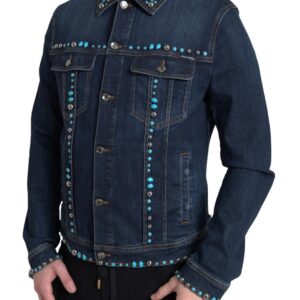 Blue Denim Turquoise Stones Studded Jacket - Jag Couture London
