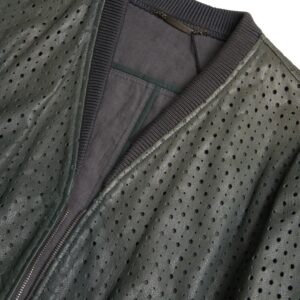 Green Perforated Leather Bomber Jacket - Jag Couture London