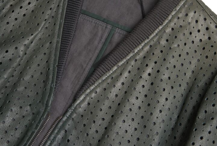 Green Perforated Leather Bomber Jacket - Jag Couture London