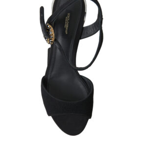 Black Crystals Ankle Strap Sandals Shoes - Jag Couture London