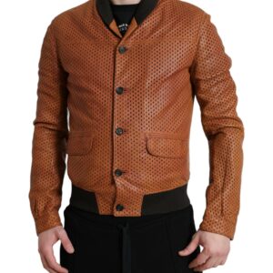 Brown Lambskin Leather Perforated Jacket - Jag Couture London