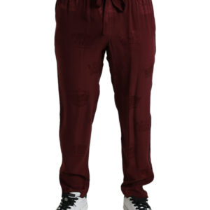 Maroon Crown Pattern Silk Pajama Pants - Jag Couture London
