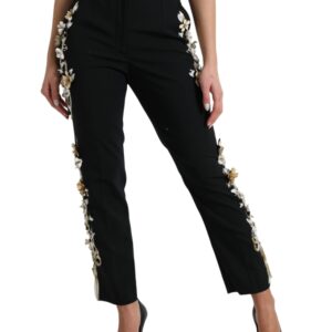 Black Floral Applique High Waist Tapered Pants - Jag Couture London