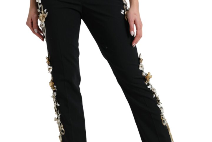 Black Floral Applique High Waist Tapered Pants - Jag Couture London