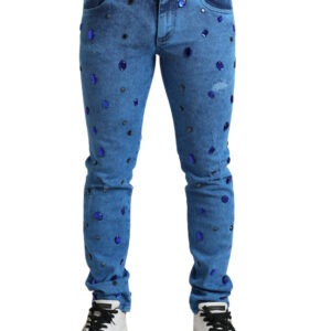 Blue Crystal Embellished Skinny Denim Jeans - Jag Couture London