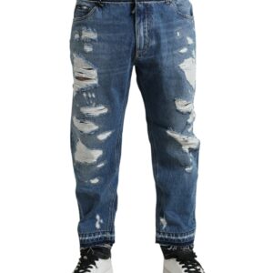 Blue Tattered Cotton Men Denim Jeans - Jag Couture London