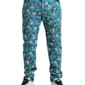 Blue Floral Print Skinny Cotton Denim Pants - Jag Couture London