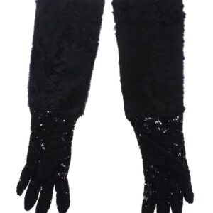 Black Lace Wool Lambskin Fur Elbow Gloves - Jag Couture London