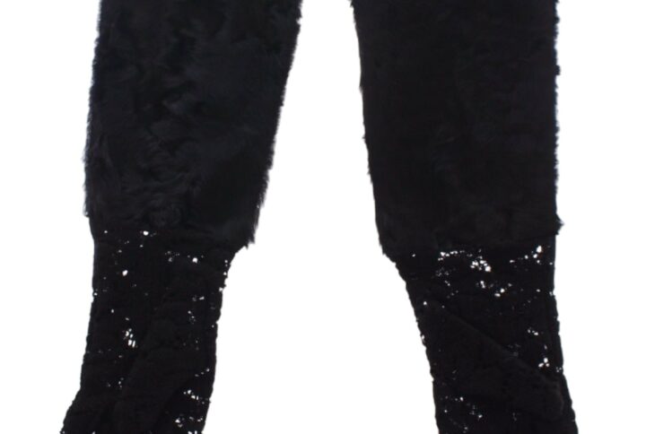 Black Lace Wool Lambskin Fur Elbow Gloves - Jag Couture London