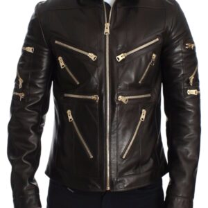 Brown Lambskin Leather Zipper Jacket - Jag Couture London