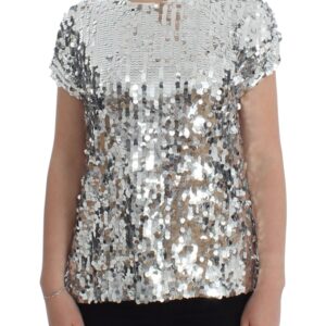 Silver Sequined Crewneck Blouse T-shirt Top - Jag Couture London