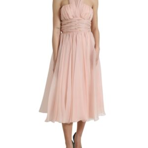 Pink Silk Chiffon Halter A-line Pleated Midi Dress - Jag Couture London