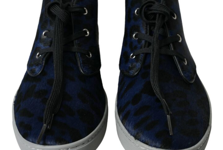 Blue Calfskin Leopard Mid Top Sneakers Shoes - Jag Couture London