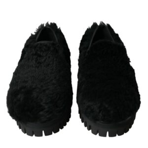 Black Fur Leather Slippers Dress Shoes - Jag Couture London
