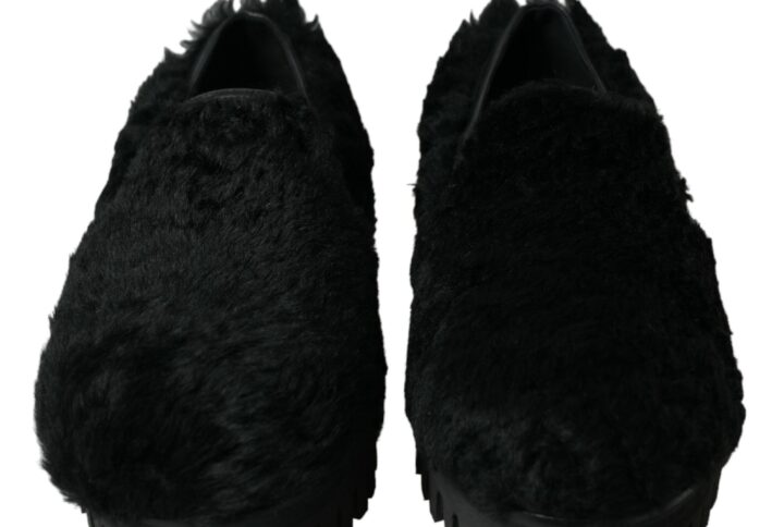 Black Fur Leather Slippers Dress Shoes - Jag Couture London