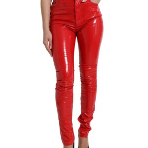 Shiny Red High Waist Skinny Pants - Jag Couture London