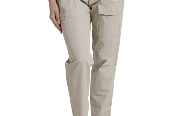 Beige Cotton High Waist Tapered Pants - Jag Couture London