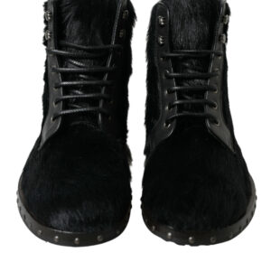 Black Pony Style Leather Mid Calf Boots Shoes - Jag Couture London