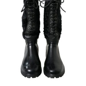 Black Rubber Lace Up Shearling Rain Boots Shoes - Jag Couture London