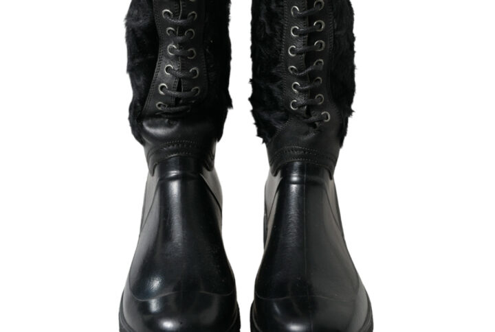 Black Rubber Lace Up Shearling Rain Boots Shoes - Jag Couture London