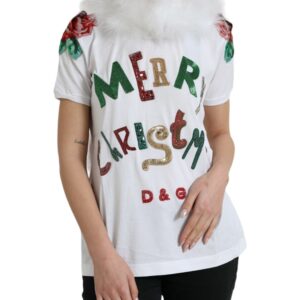 White Cotton Christmas Sequin Fur T-shirt - Jag Couture London