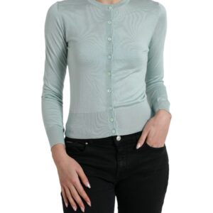 Light Blue Silk Crew Neck Cardigan Sweater - Jag Couture London