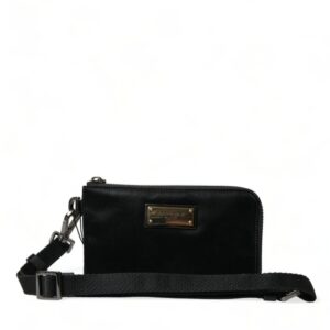Black Nylon Logo Plaque Keyring Pouch Clutch Bag - Jag Couture London