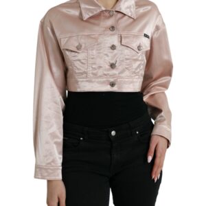 Pink Cotton Stretch Collared Cropped Jacket - Jag Couture London