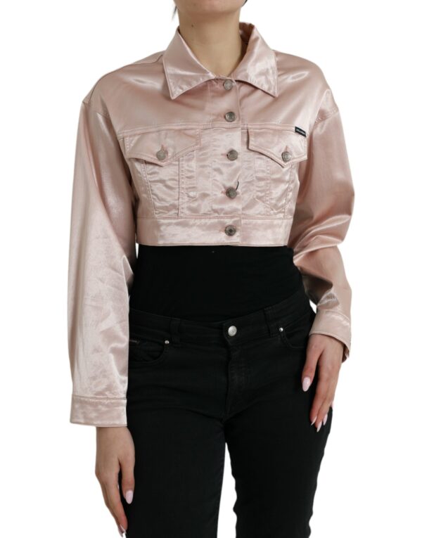 Pink Cotton Stretch Collared Cropped Jacket