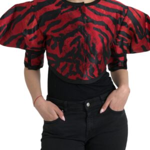 Black Red Patterned Cropped Coat Jacket - Jag Couture London